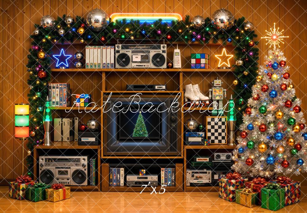 Kate Christmas Retro 80s Wall Shelf Christmas Tree Disco Ball Printed Backdrop Designed by Mini MakeBelieve
