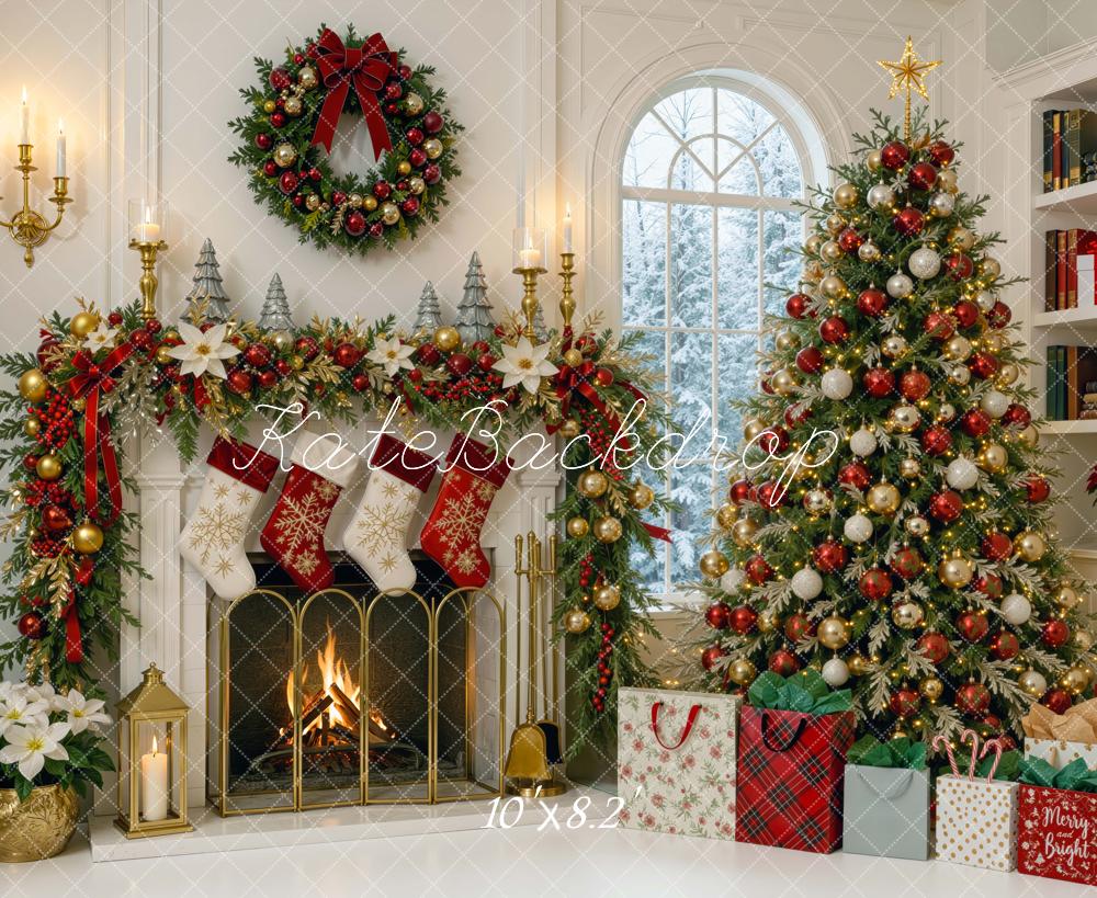 Kate Christmas Fireplace Tree Wreath Garland Gift Bags Printed Backdrop Designed by Mini MakeBelieve