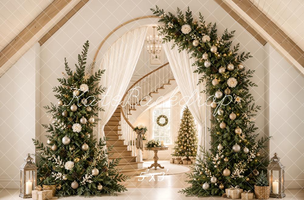 Kate Christmas Tree Arch Staircase Elegant Foyer Gable Roof Printed Backdrop Designed by Emetselch