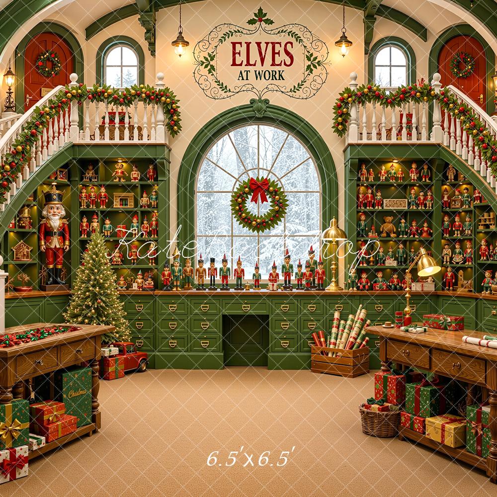 Kate Christmas Green Elves Toy Workshop Staircase Printed Backdrop Designed by Shutter Swan Studios