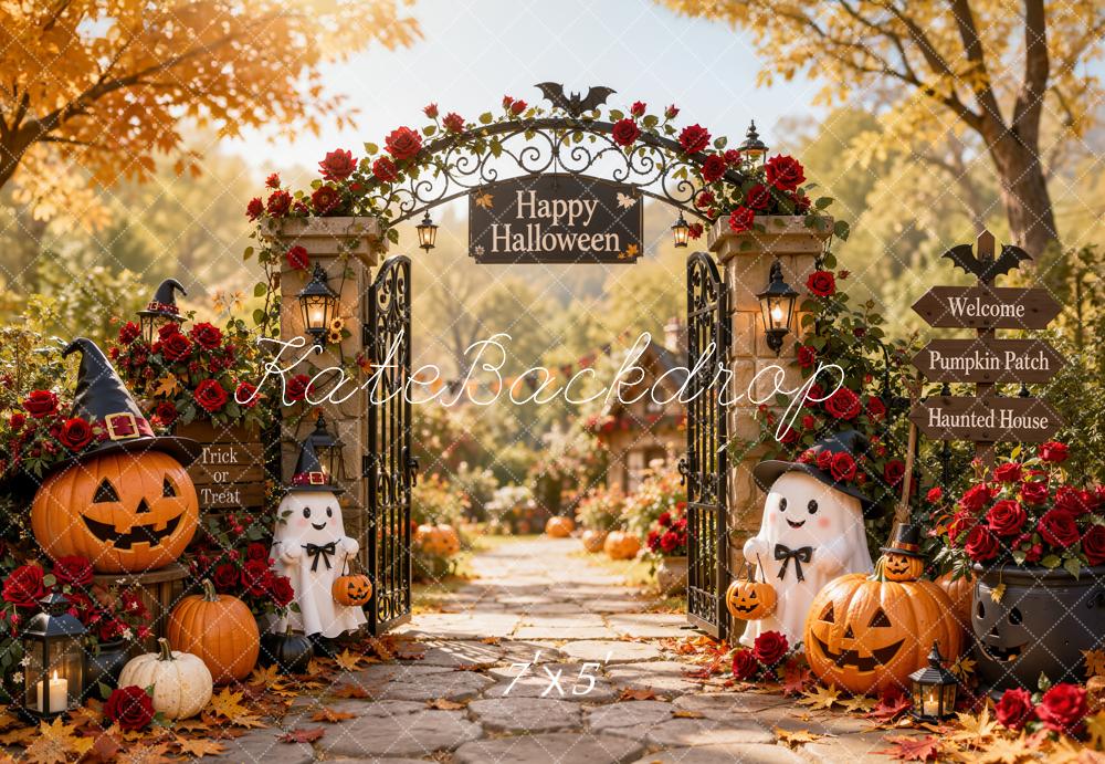 Kate Halloween Rose Garden Gate Ghosts Pumpkin Lanterns Printed Backdrop Designed by Emetselch
