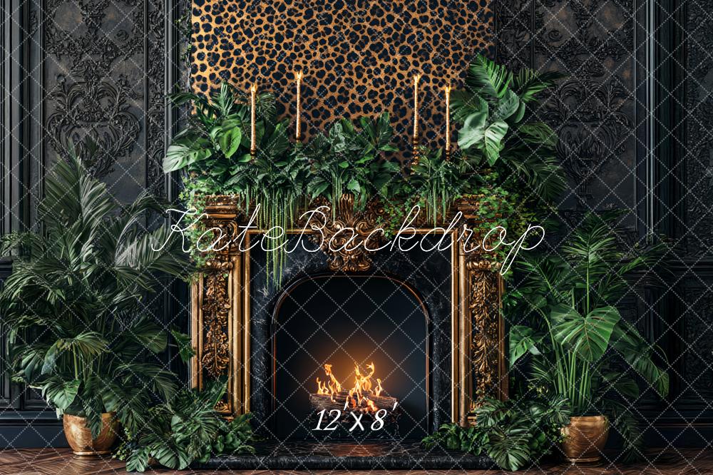 Kate Boudoir Leopard Print Ornate Fireplace Jungle Greenery Printed Backdrop Designed by Ashley Paul