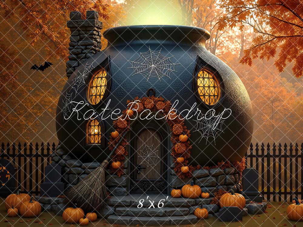 Kate Halloween Witch Cauldron House Pumpkins Leaves Backdrop Designed by Mini MakeBelieve