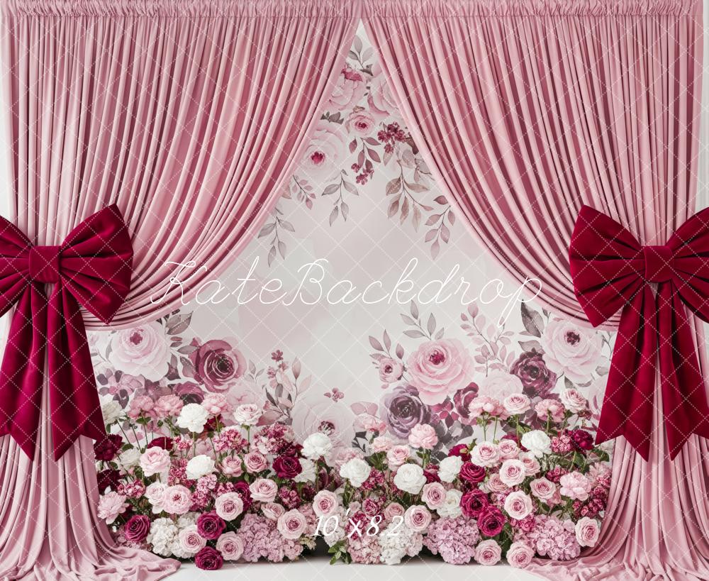 Kate Mother's Day Pink Curtain Floral Wall with Red Bows Backdrop Designed by Patty Roberts