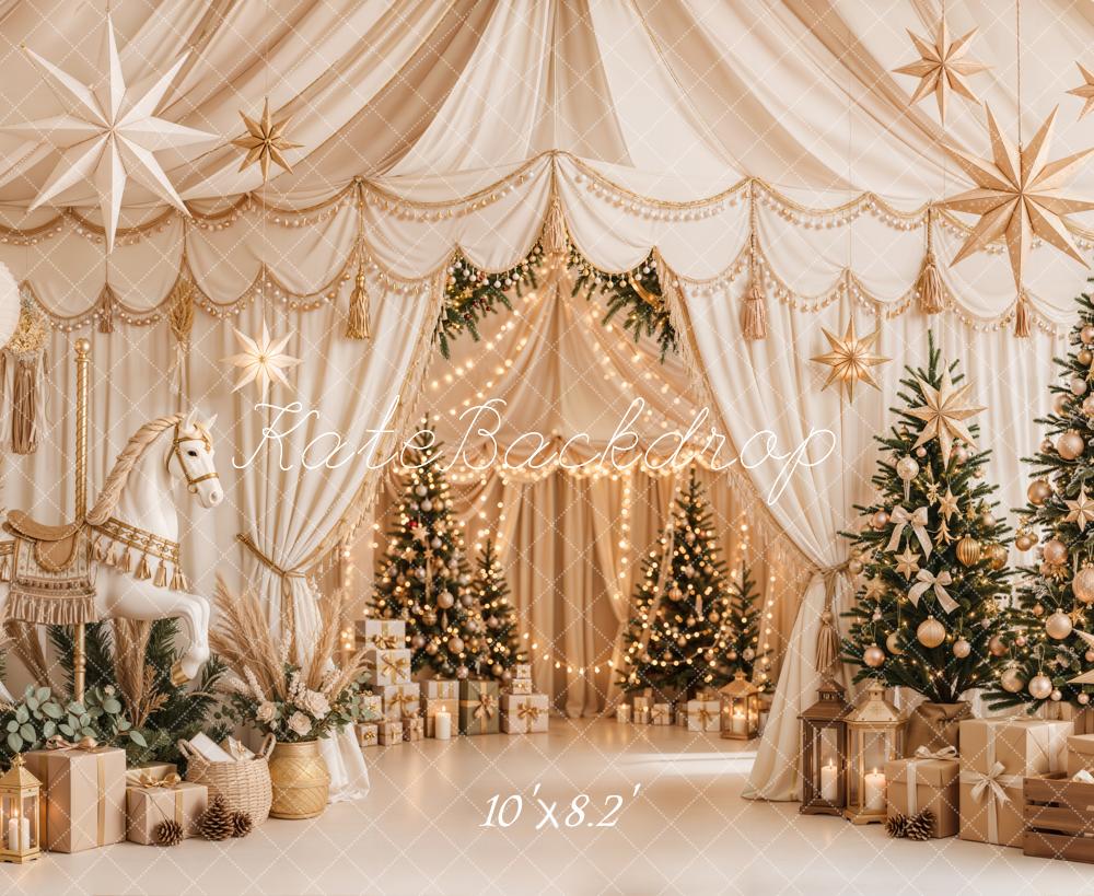 Lightning Deal Kate Christmas Circus Trees White Gold Draped Star Decor Printed Backdrop Designed by Emetselch