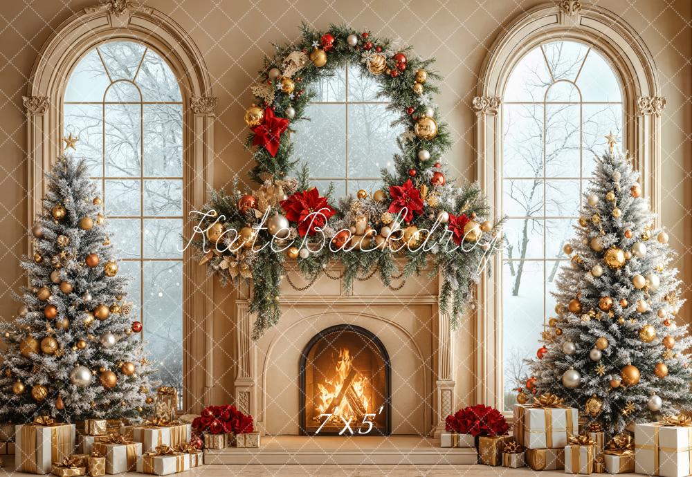 Kate Christmas Fireplace Trees Wreath Gold Window Backdrop Designed by Emetselch