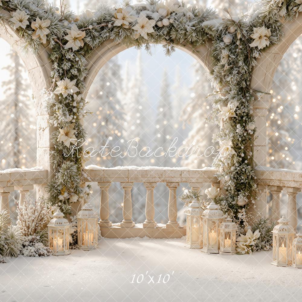 Kate Christmas Balcony Snowy Floral Arch Lanterns Printed Backdrop Designed by Emetselch