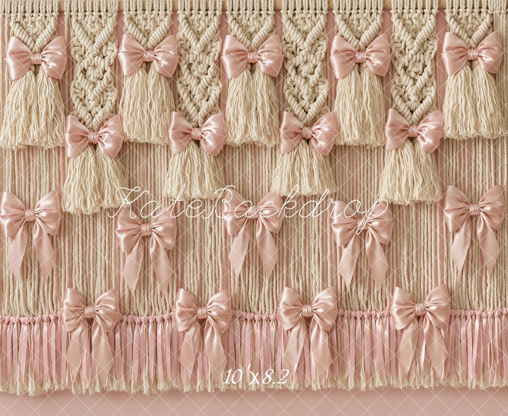 Kate Boho Satin Pink Bow Macrame Tassel Printed Backdrop Designed by Angela Miller