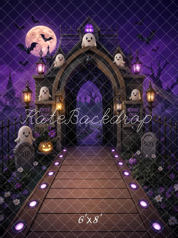 Kate Halloween Trunk or Treat Haunted Gate Ghosts Purple Printed Backdrop Designed by Mini MakeBelieve