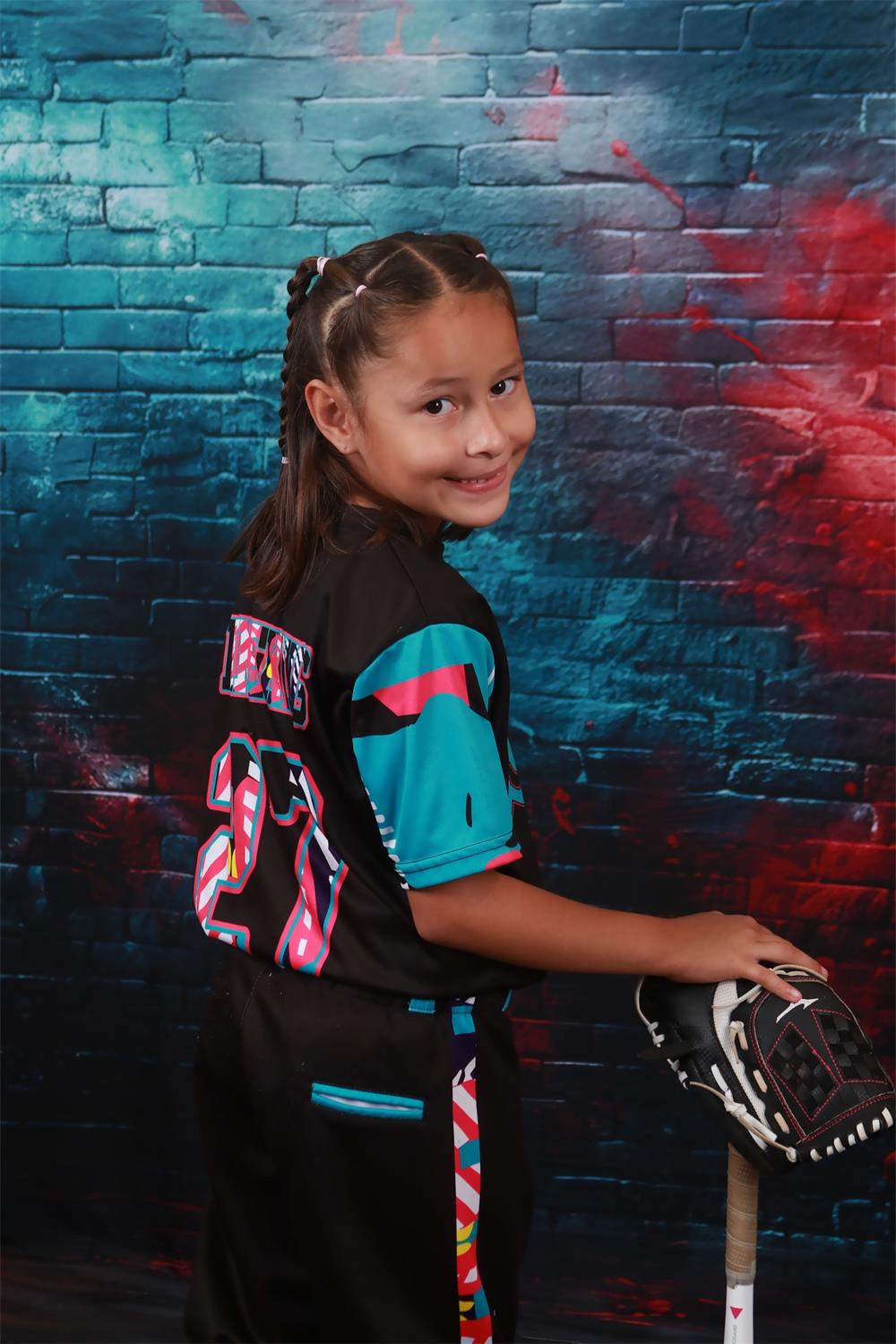 Kate Retro Blue and Red Clash Storm Graffiti Broken Brick Wall Backdrop Designed by Laura Bybee