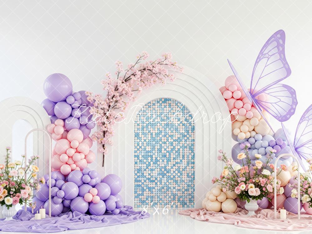 Kate Cake Smash Pastel Balloon Arch Butterfly Mosaic Flowers Printed Backdrop Designed by Patty Roberts