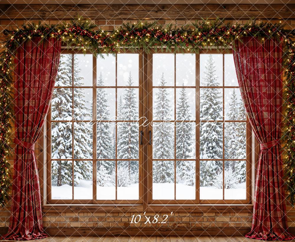 Kate Christmas Window Red Curtains Garland Snowy Trees Printed Backdrop Designed by Emetselch