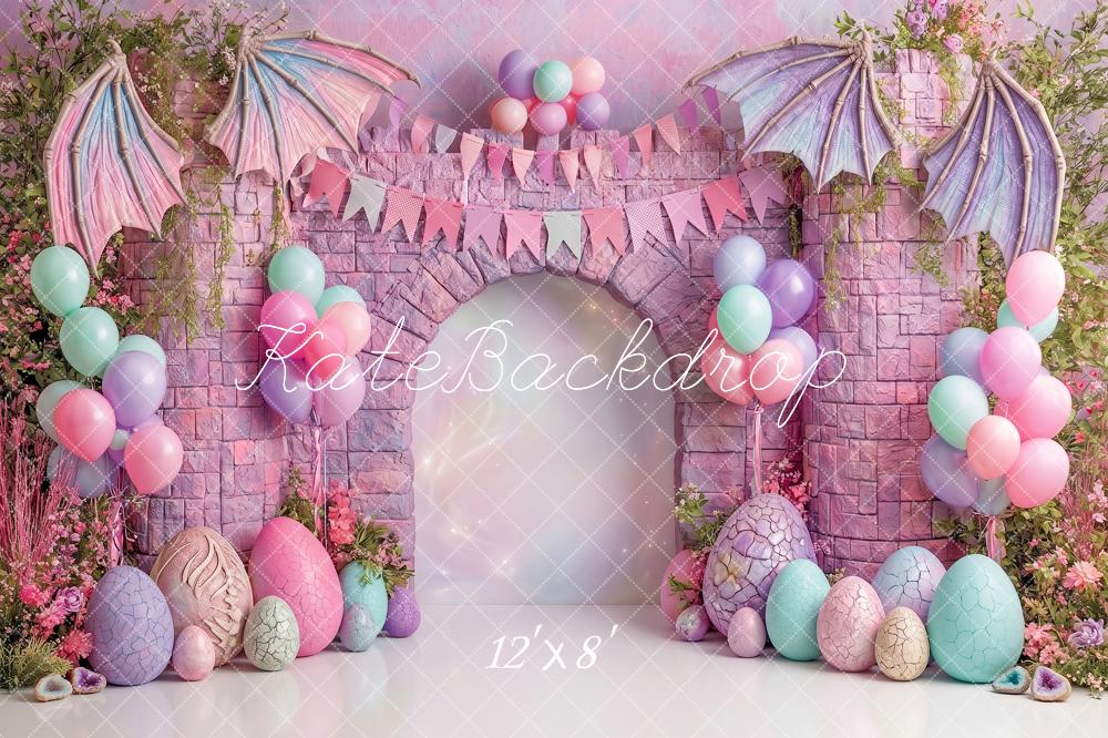 Kate Fantasy Dragon Egg Castle Pink Balloons Printed Backdrop Designed by Angela Miller