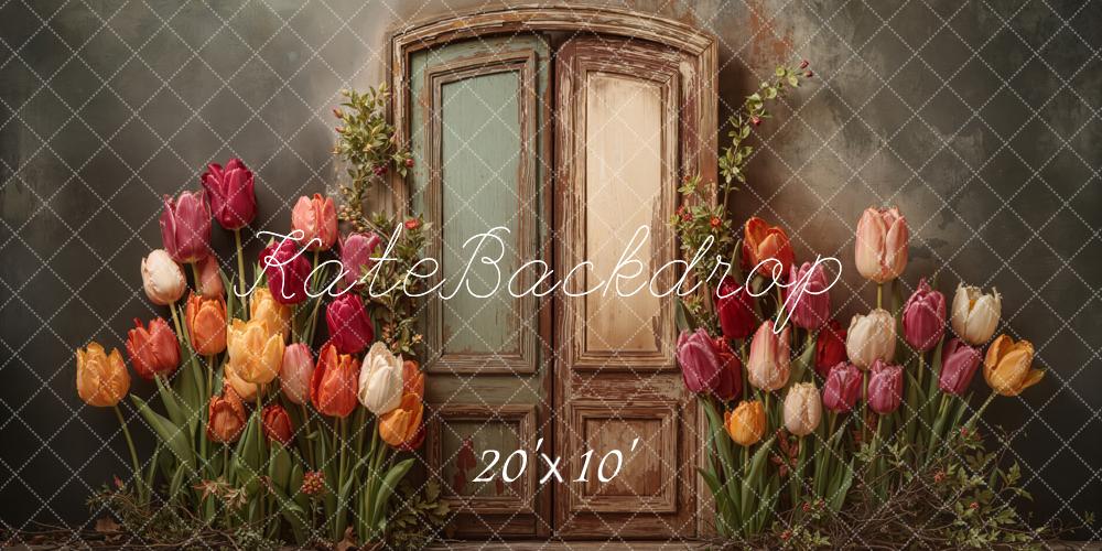 Kate Spring Fine Art Vintage Door Tulips Printed Backdrop Designed by Emetselch