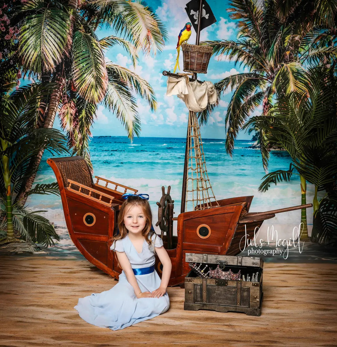 Kate Summer Sea Beach Pink Flower Green Tree Blue Sky White Cloud Wave Backdrop Designed by Emetselch