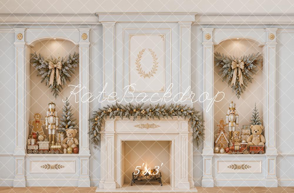 Kate Christmas Fireplace Retro Wall Nutcracker Garland Gingerbread Printed Backdrop Designed by Emetselch