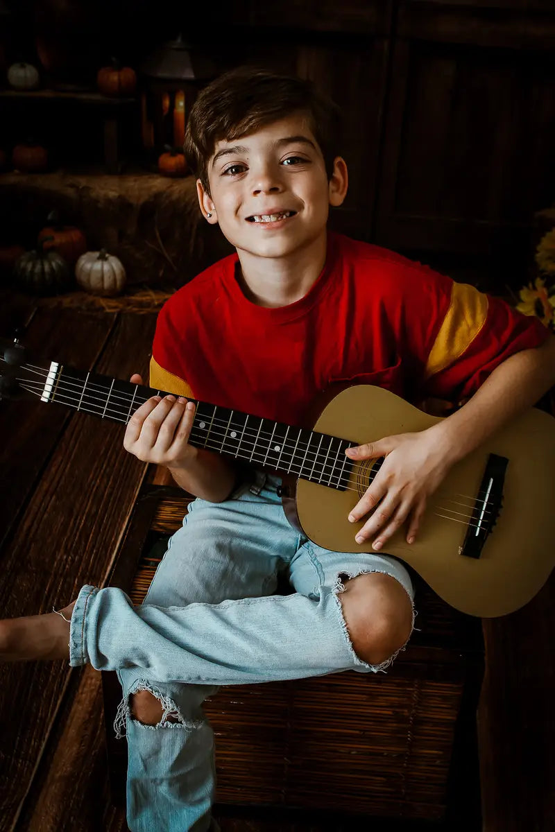 Kate Autumn Sunflower Pumpkin Dark Brown Wooden Barn Door Backdrop Designed by Emetselch