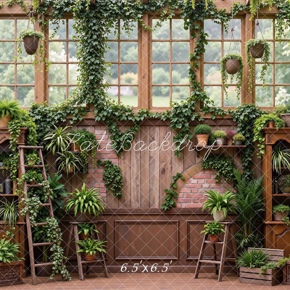 Kate Spring Greenhouse Garden Windows Brick Arch Cabinet Plants Printed Backdrop Designed by Mini MakeBelieve