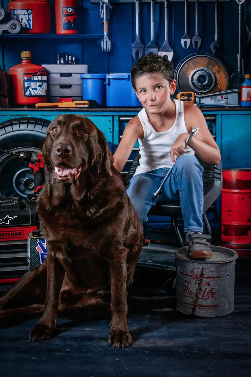 Kate Modern Tool Holder and Tires Red Tanker Garage Printed Backdrop Designed by Emetselch