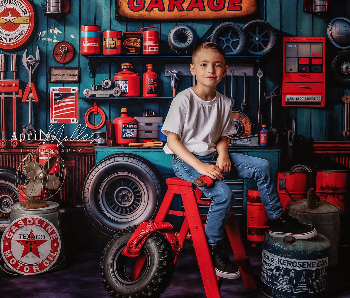 Kate Modern Tool Holder and Tires Red Tanker Garage Printed Backdrop Designed by Emetselch