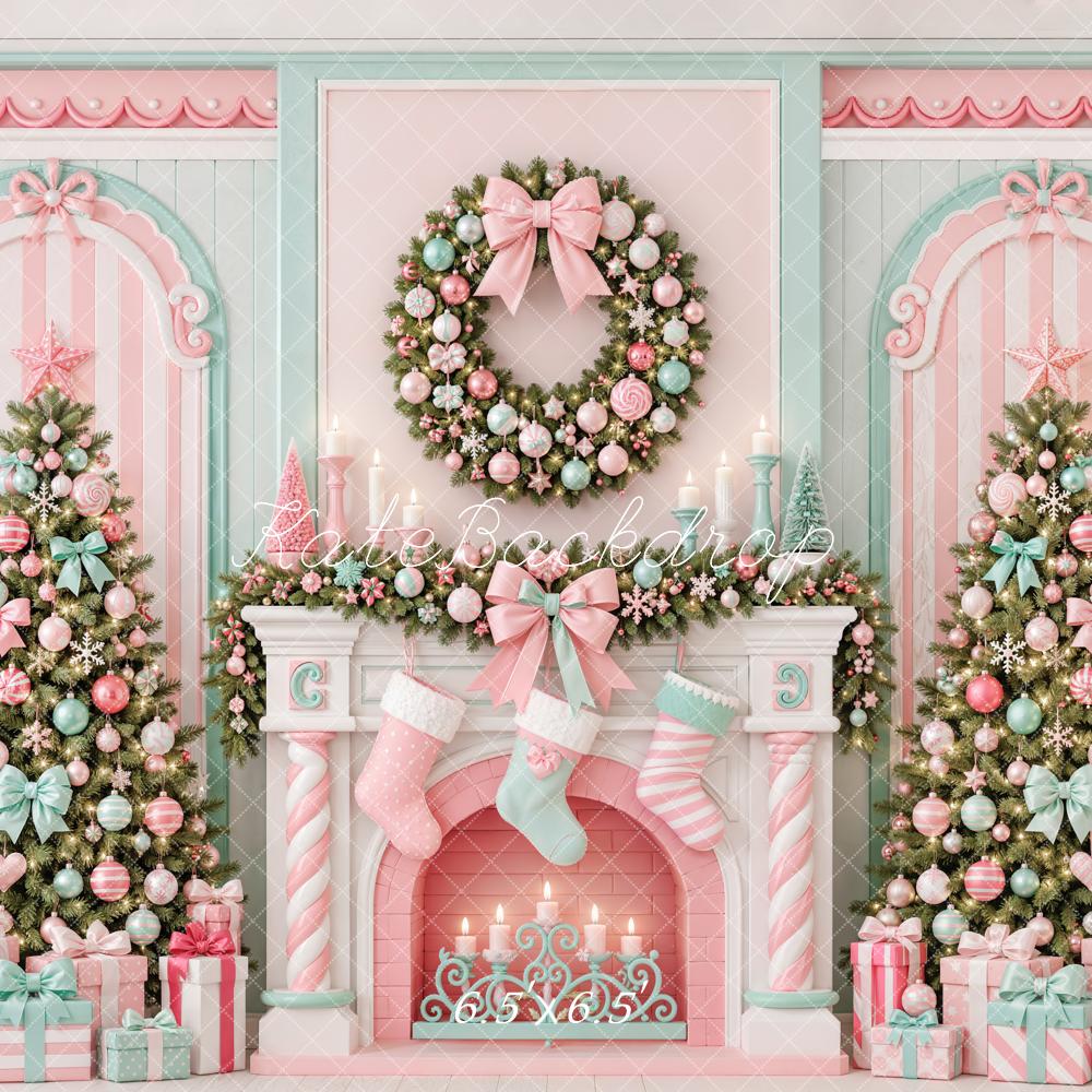 Kate Christmas Pastel Candy Cane Fireplace Wreath Trees Printed Backdrop Designed by Emetselch