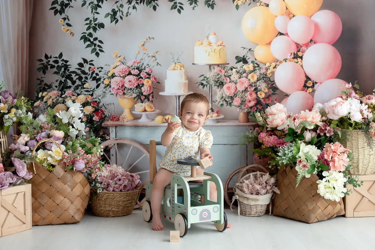 Kate Summer Birthday Cake Smash Lemon Colorful Flower Balloon Arch Printed Backdrop Designed by Emetselch