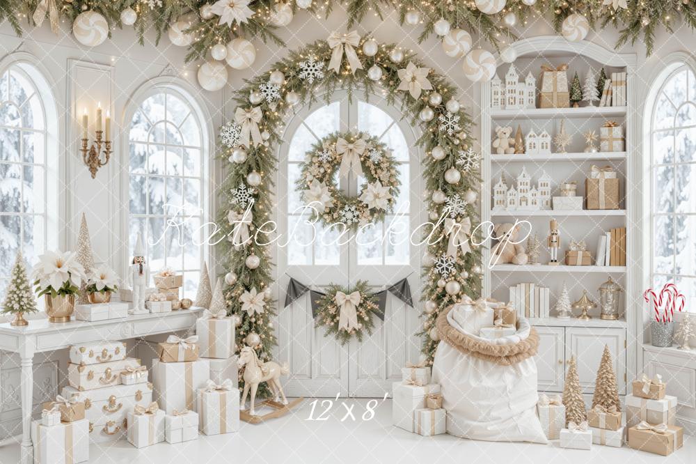 Kate Christmas White Garland Arch Gifts Toys Printed Backdrop Designed by Mini MakeBelieve