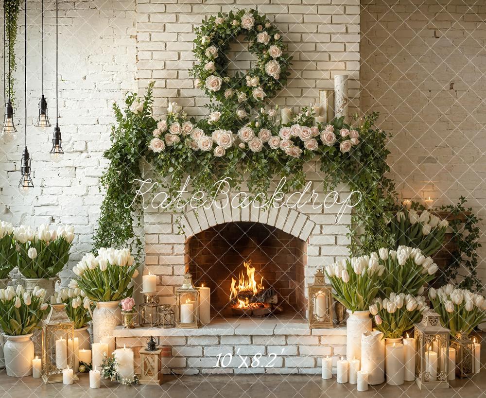 Kate Spring White Brick Fireplace Flower Arch Candles Greenery Backdrop Designed by Emetselch