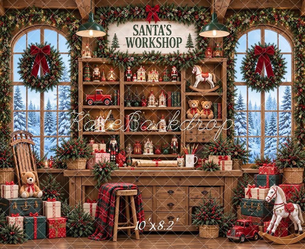 Kate Christmas Santa's Workshop Rustic Toy Cabinet Window Wood Printed Backdrop Designed by Emetselch