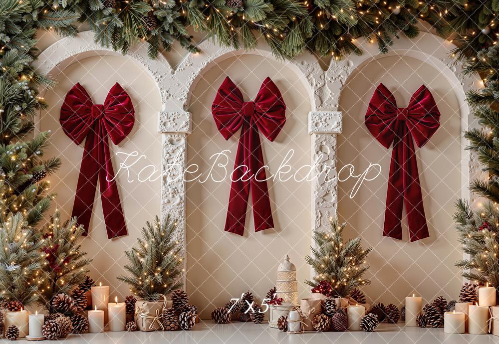 Kate Christmas Red Bow Arches Pine Garland Candles Printed Backdrop Designed by Emetselch