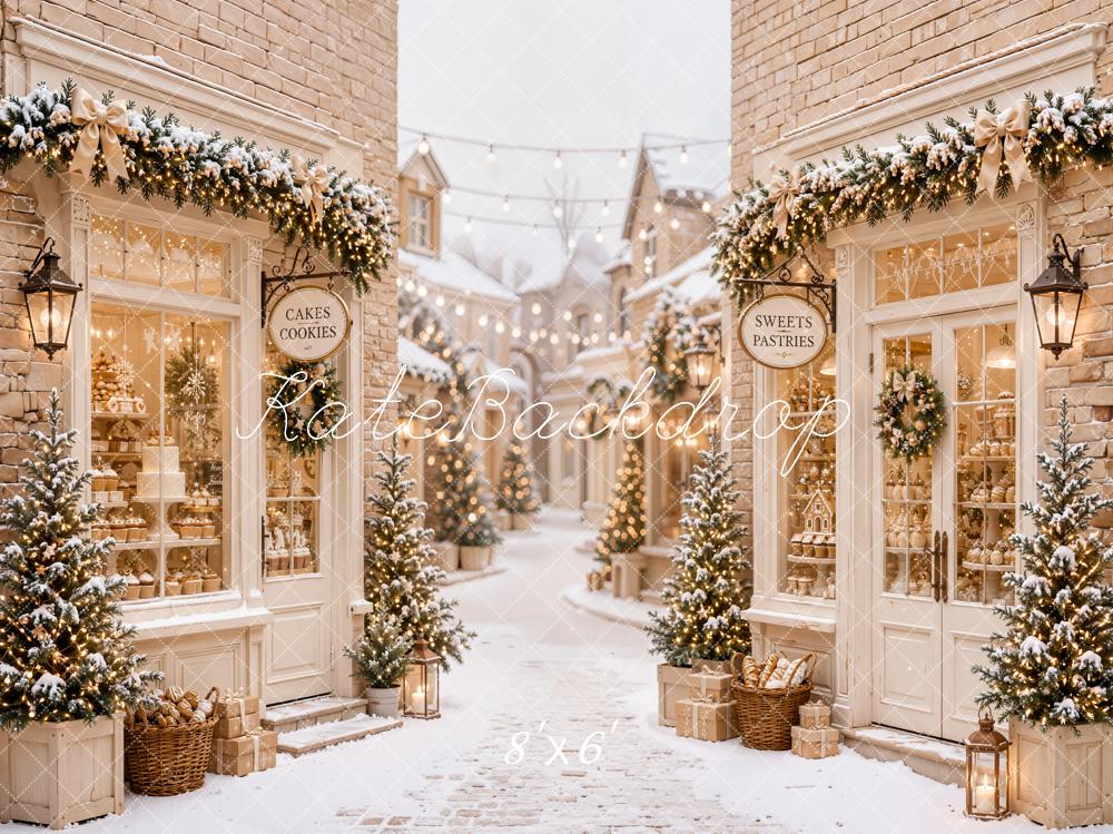 Kate Christmas Snowy Village Bakery Street Printed Backdrop Designed by Emetselch
