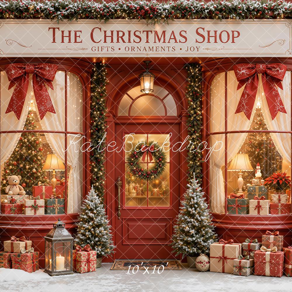 Kate Christmas Storefront Red Gift Boxes Christmas Trees Printed Backdrop Designed by Emetselch