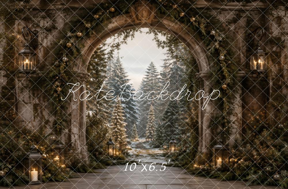 Kate Christmas Retro Stone Archway Pine Trees Lanterns Winter Printed Backdrop Designed by Vertigo Productions