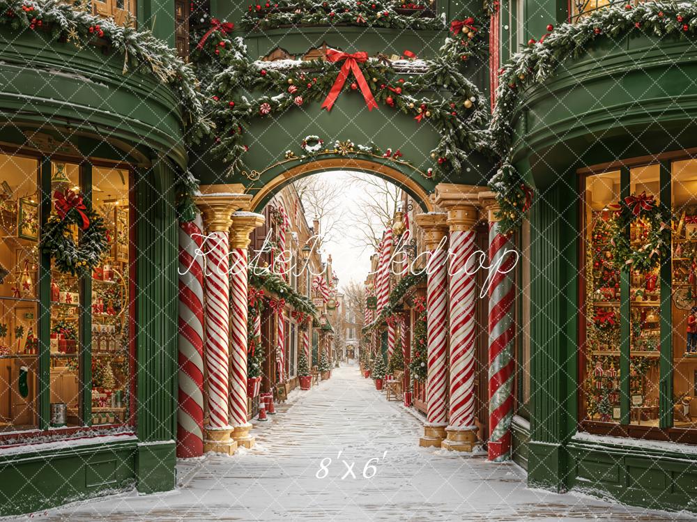 Kate Christmas Shop Street Arch Candy Cane Columns Backdrop Designed by Emetselch