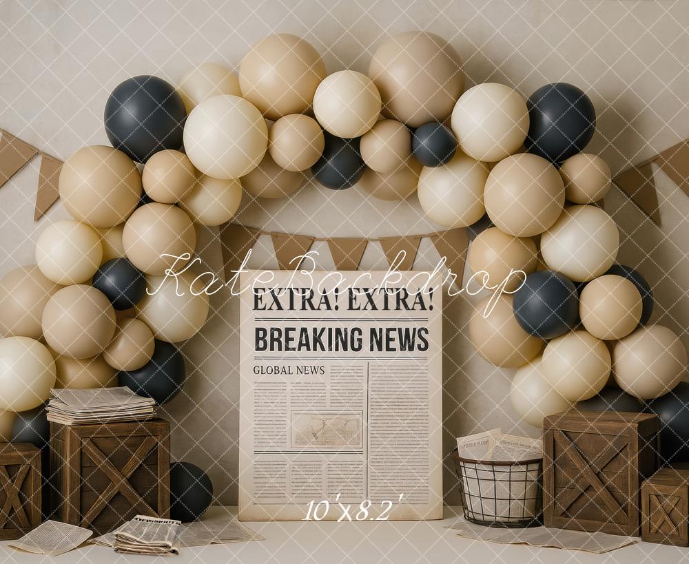 Kate Cake Smash Newspaper Balloon Arch Printed Backdrop Designed by Mini MakeBelieve
