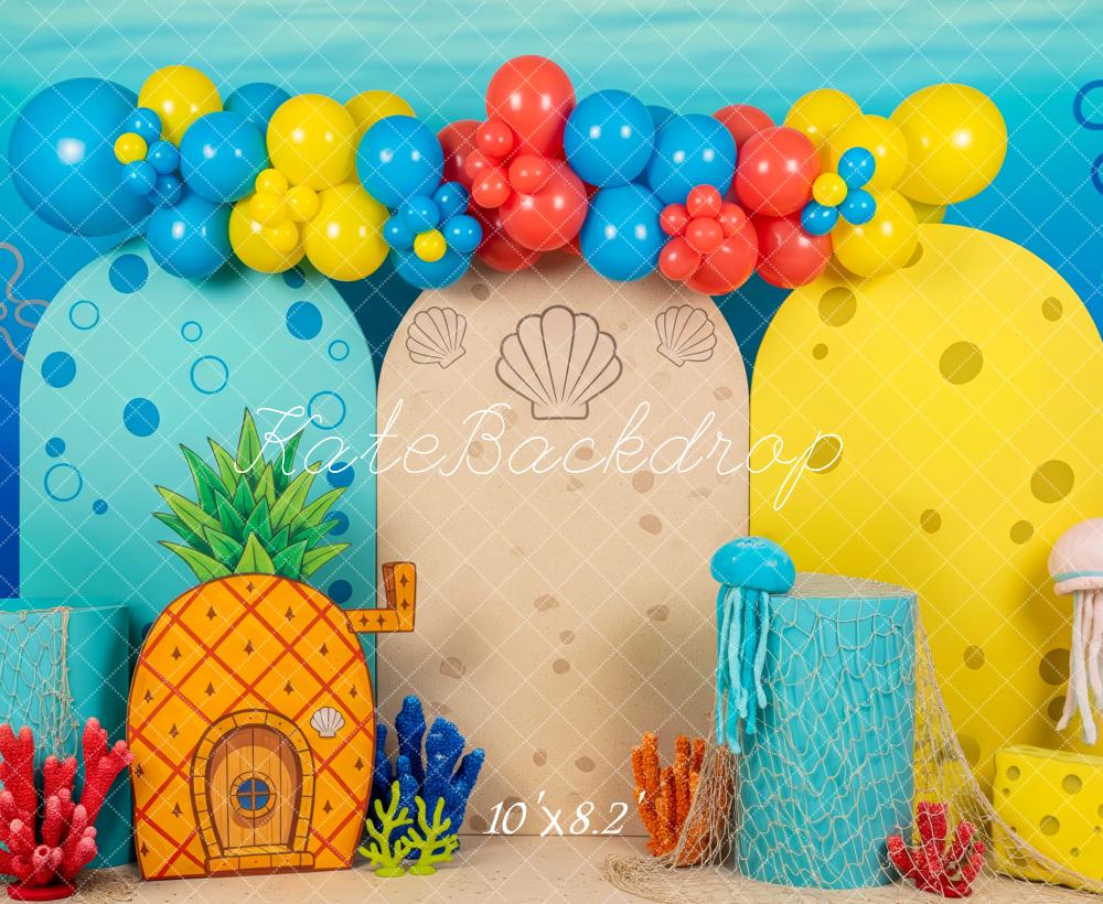 Kate Cake Smash Underwater Colorful Balloons Coral Jellyfish Printed Backdrop Designed by Patty Roberts