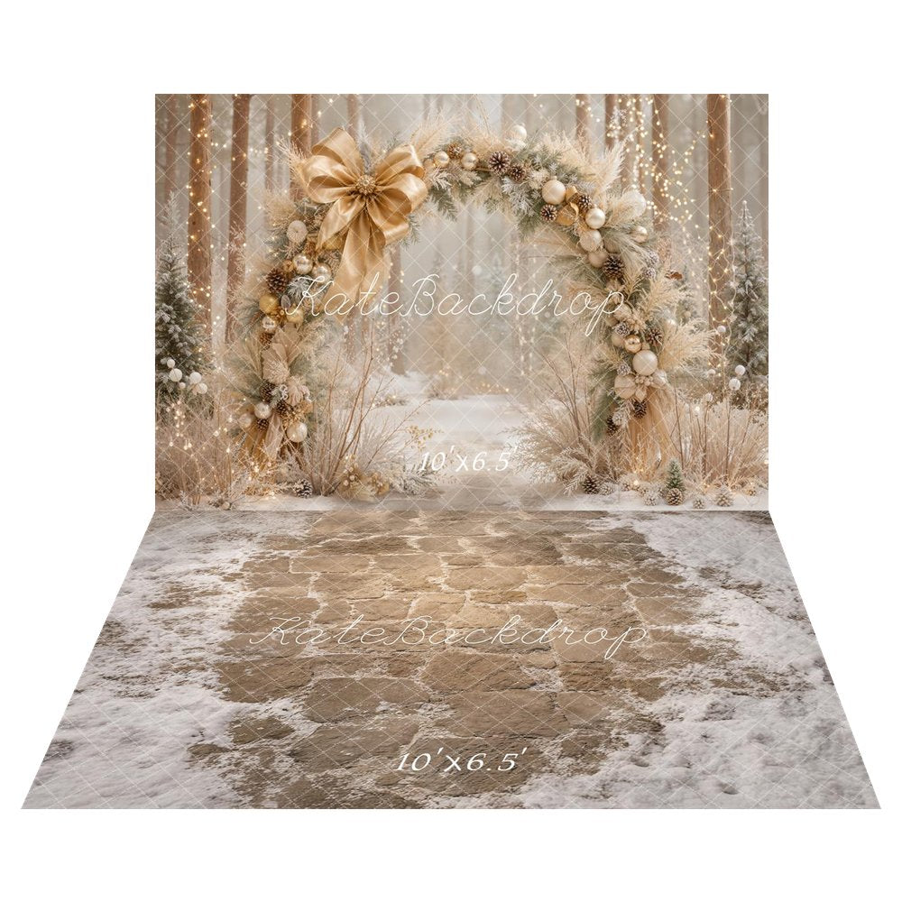 Kate Christmas Flower Arch Gold Ornaments Snowy Forest Printed Backdrop+Cobblestone Floor Snow Printed Backdrop