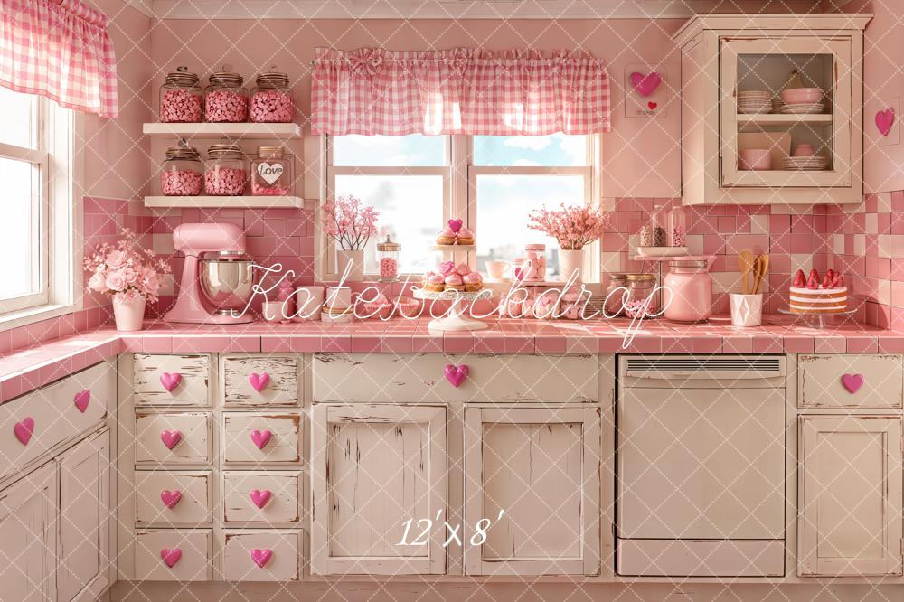 Kate Valentine's Day Pink Kitchen Hearts Backdrop Designed by Emetselch