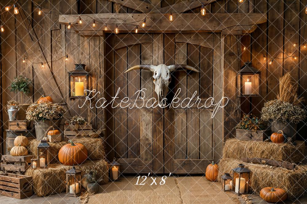 Kate Fall Rustic Barn Door Pumpkins Hay Lanterns Backdrop Designed by Emetselch