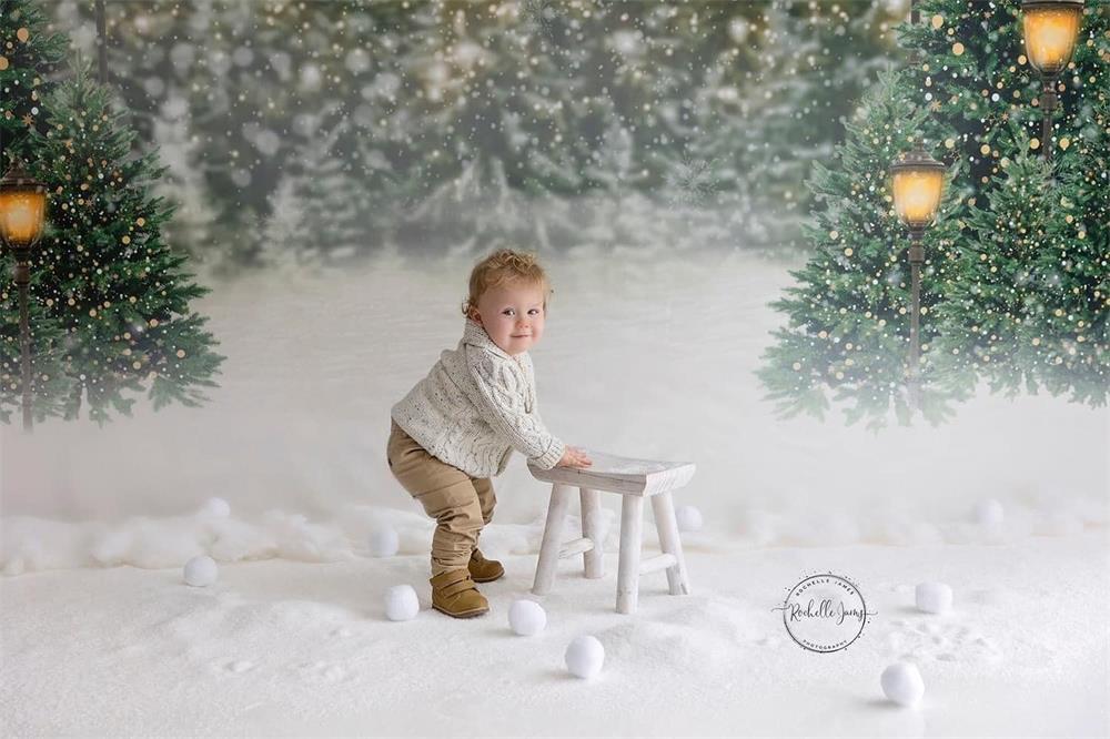 Kate Christmas Winter Lantern Lights Outdoor Snowy Pine Forest Backdrop for Photography