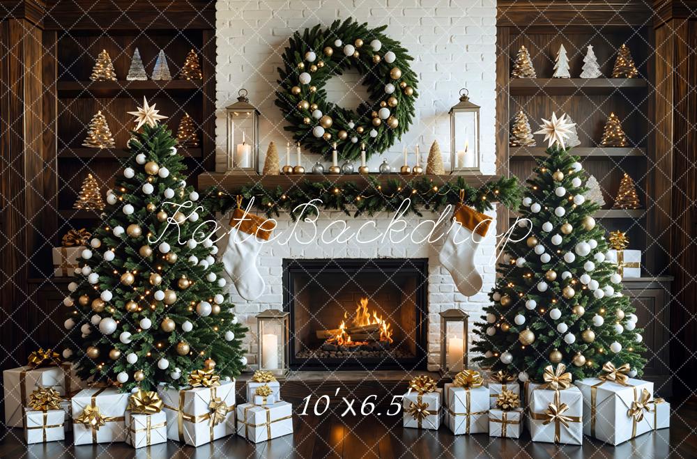 Kate Christmas Fireplace Tree Gift Boxes Wreath Shelves Backdrop Designed by Mini MakeBelieve
