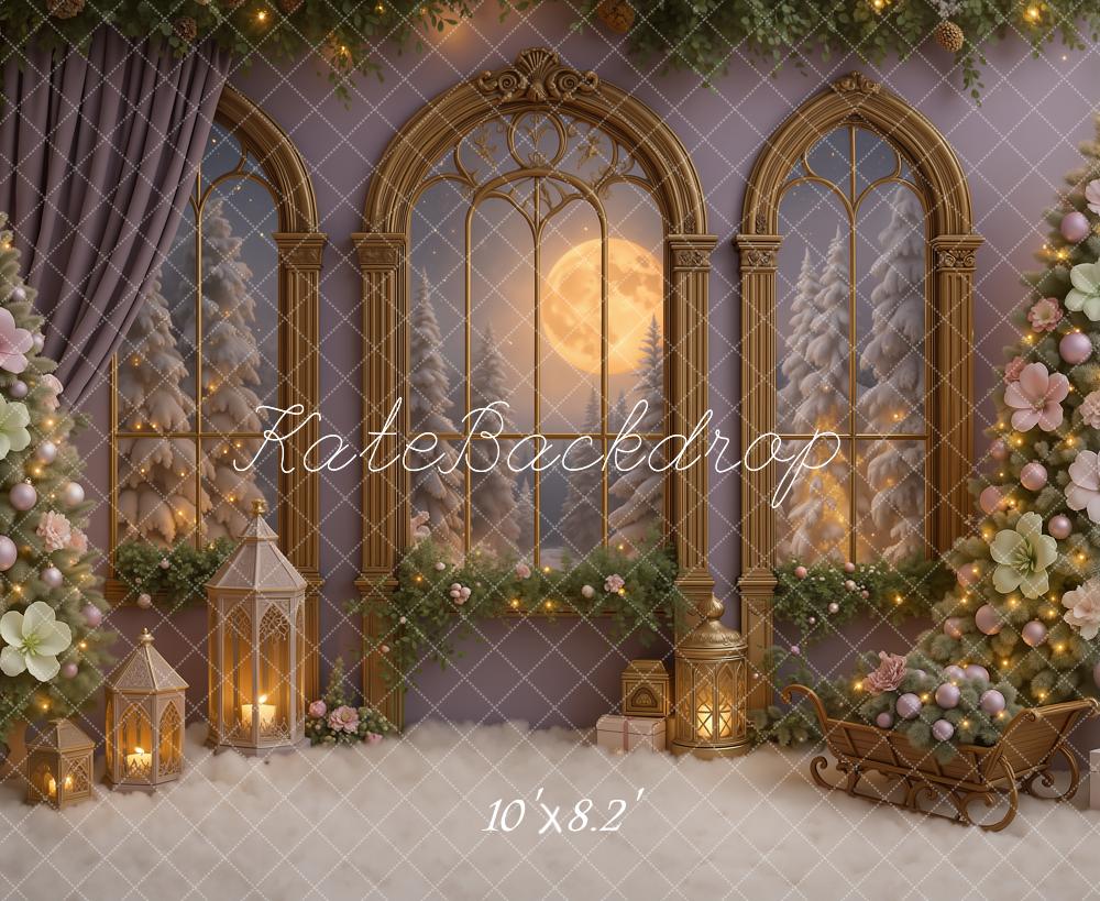 Kate Christmas Gold Arched Window Flower Tree Lantern Sleigh Backdrop Designed by Ashley Paul
