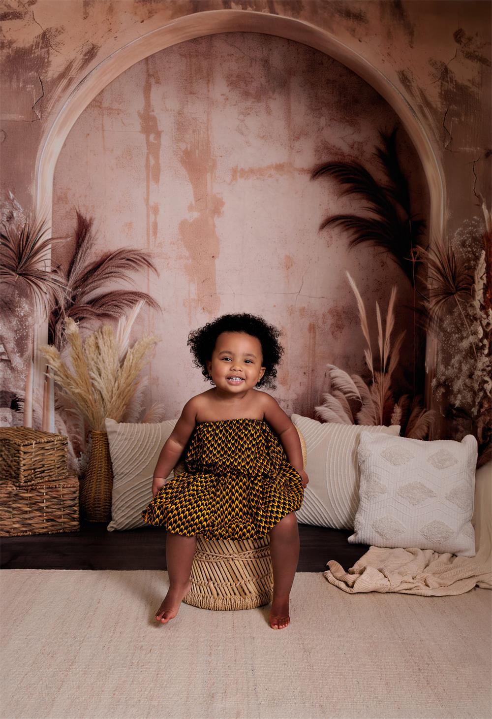 Kate Boho Dark Beige Arched Wall Pampas Grass Backdrop Designed by Patty Robert