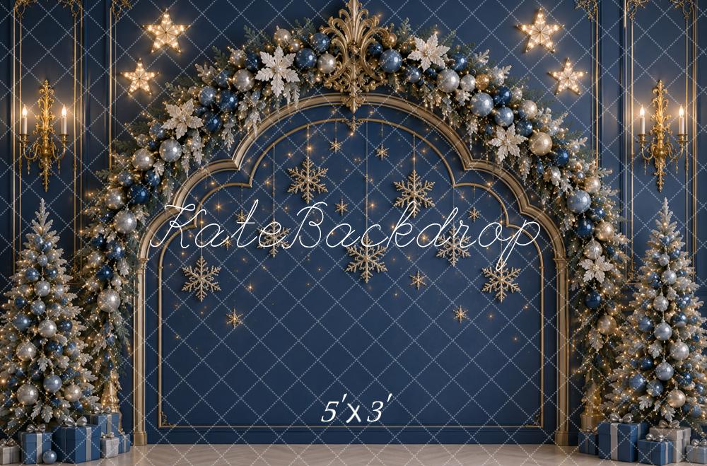 Kate Christmas Headboard Blue Gold Snowflake Tree Arch Printed Backdrop Designed by Caitlin Lynch