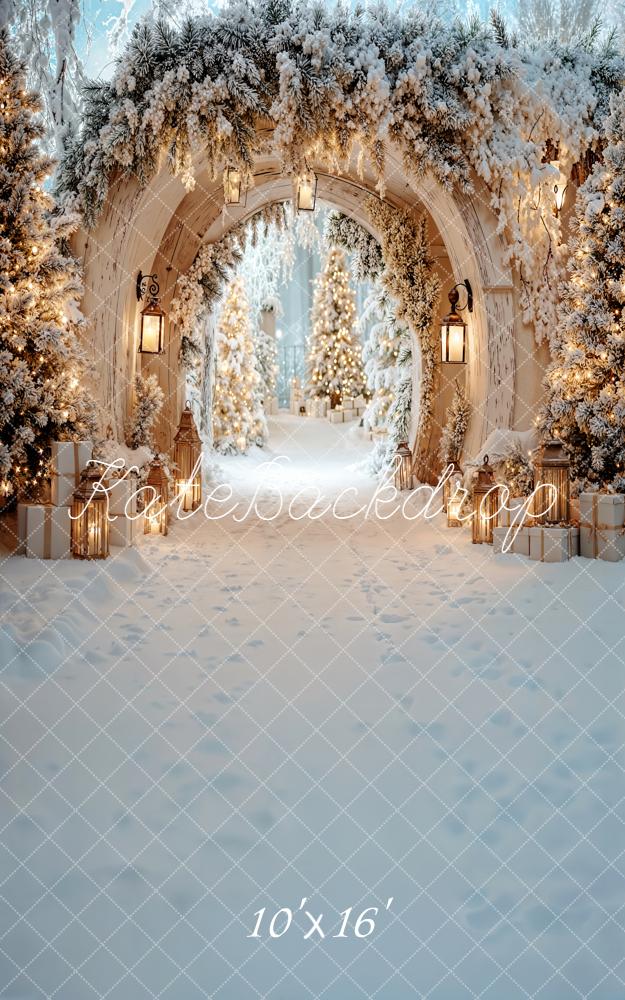 Kate Sweep Christmas Snowy Archway Pine Trees Lanterns Printed Backdrop Designed by Emetselch