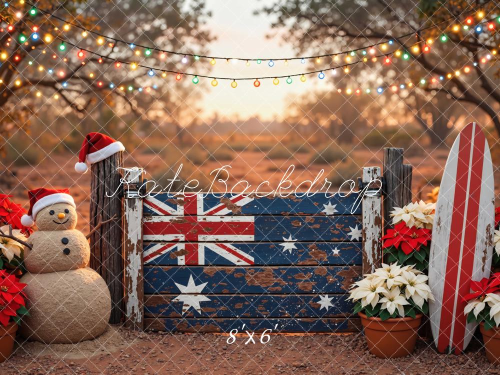 Kate Christmas Australian Flag Fence Sandman Surfboard Printed Backdrop Designed by Mini MakeBelieve