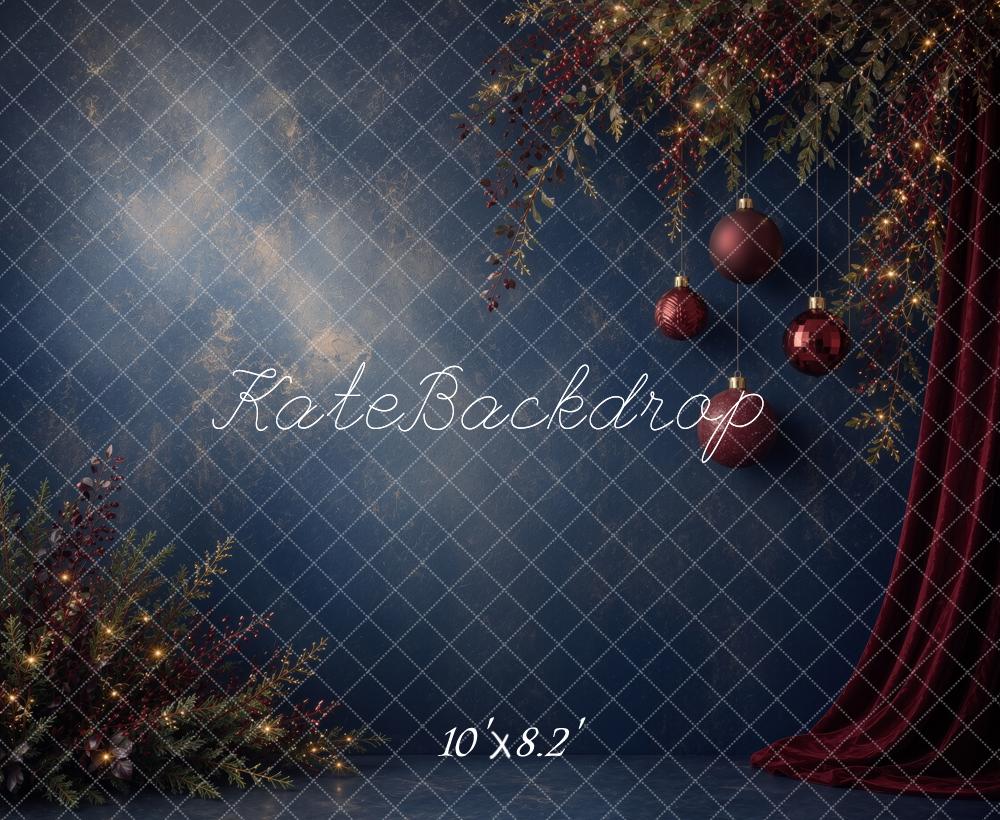 Kate Christmas Navy Abstract Ornaments Red Curtain Printed Backdrop Designed by Ashley Ward