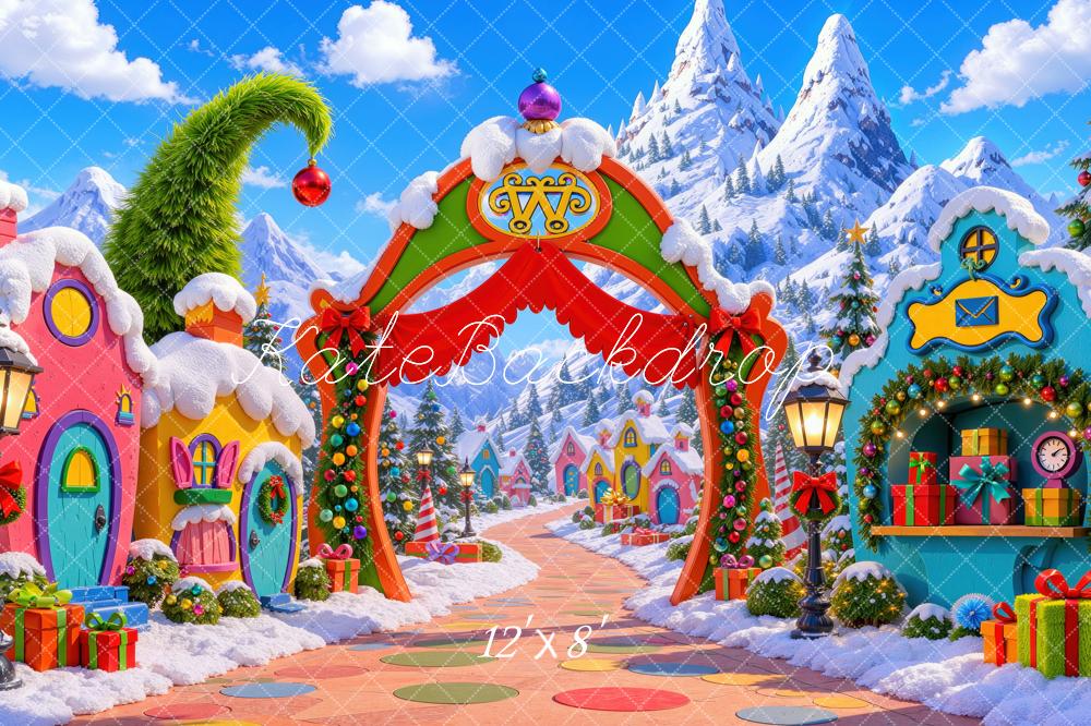 Kate Christmas Whimsical Whoville Village Arch Snowy Mountains Printed Backdrop Designed by Mini MakeBelieve