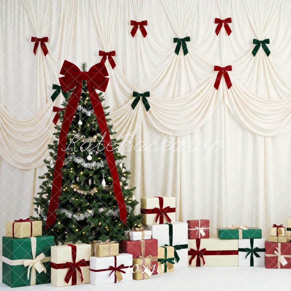 Kate Christmas Tree Elegant Ribbon Wall Gift Boxes Red Green Bows Printed Backdrop Designed by Patty Roberts