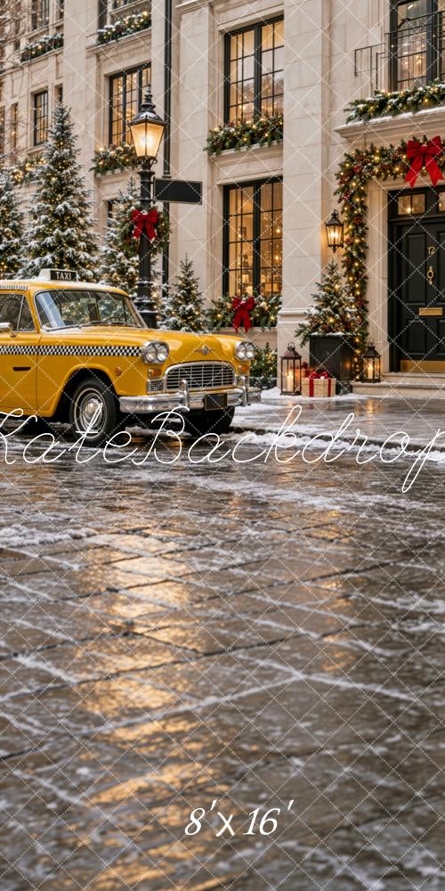 Kate Sweep Christmas Snowy City Yellow Taxi Building Printed Backdrop Designed by Patty Roberts